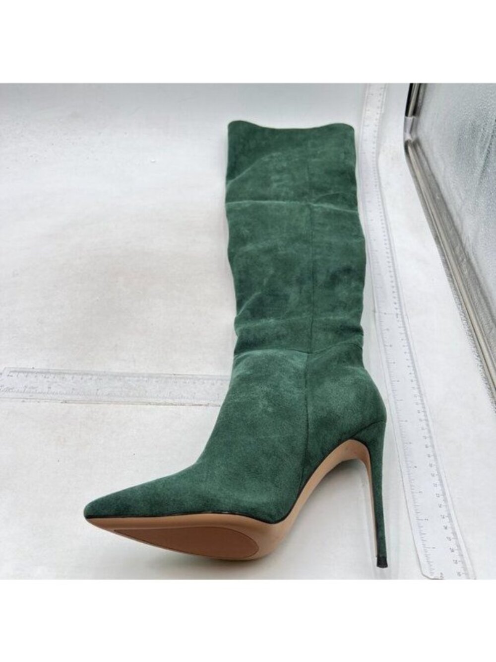 Women Chic Faux Suede Knee High Long Boots Pointed Toe High Heel Shoes Green